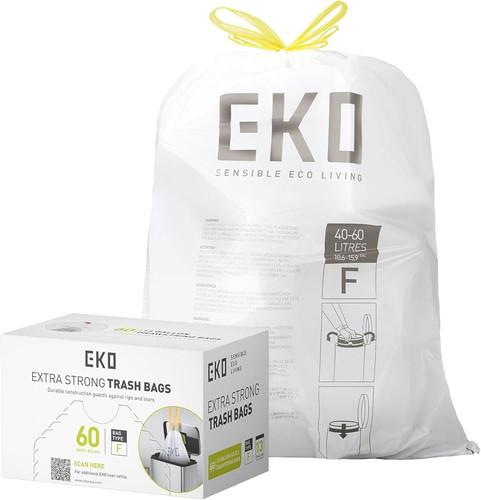 EKO 13 Gallon / 40-60 Liter, 60 Count Drawstring 60 (Pack of 1), White