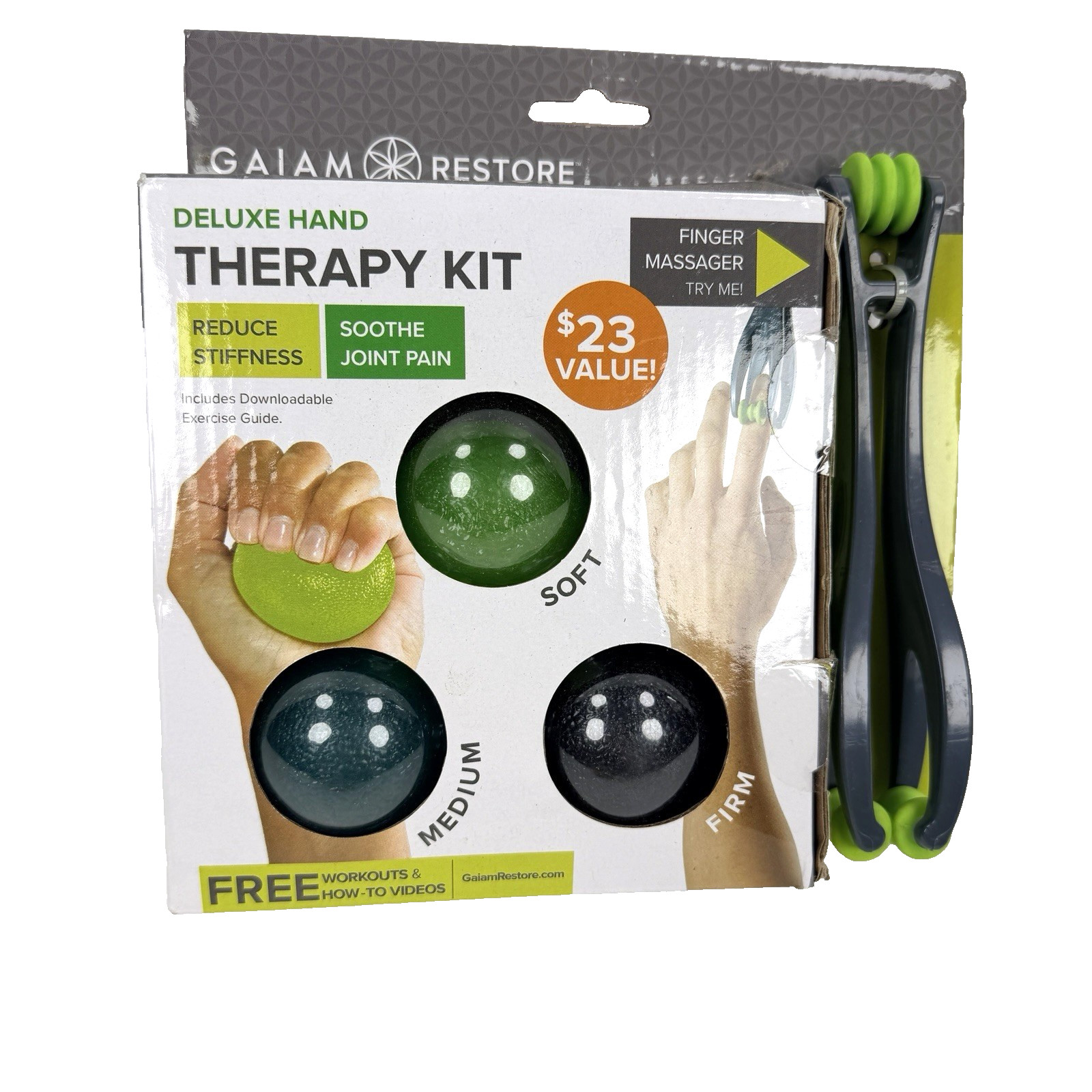 NEW GAIAM Hand Therapy Kit w/soft, medium and Firm Levels, With Finger Massager
