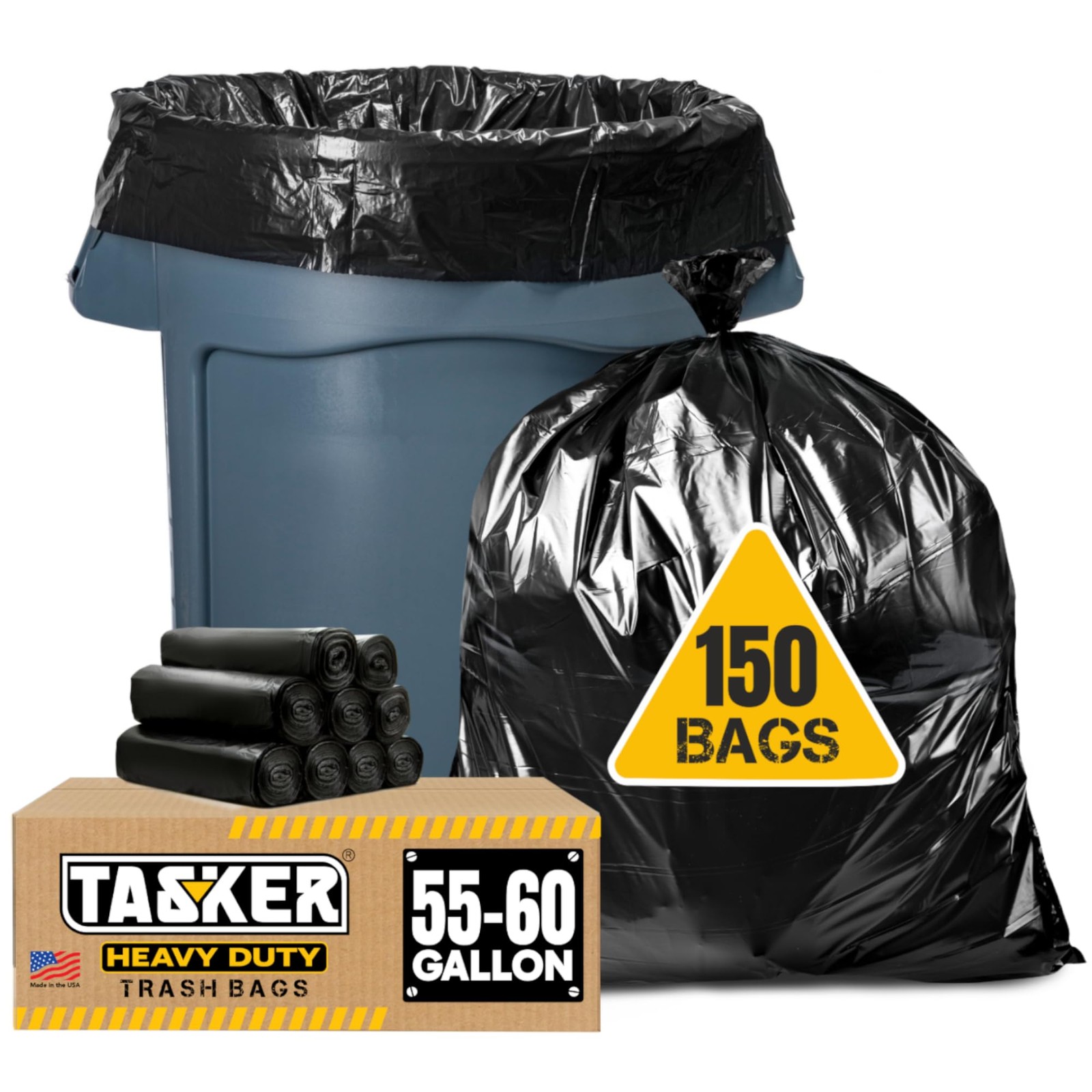 Trash Bags 55-60 Gallon Heavy Duty Black 150 Count Tasker T55BLK150