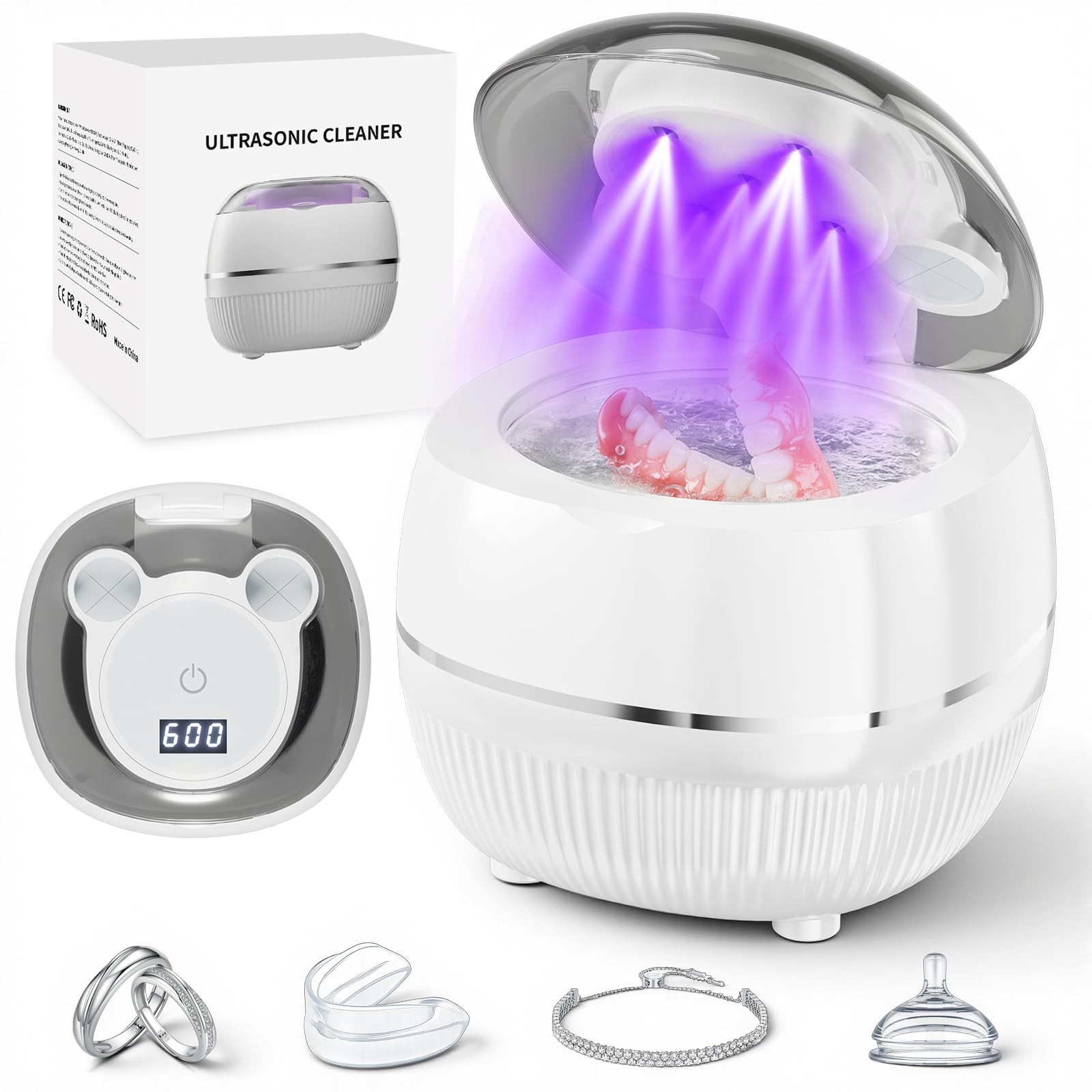 Ultrasonic Retainer Cleaner Machine, 48kHz 4.72×4.72×4.21 inches, White