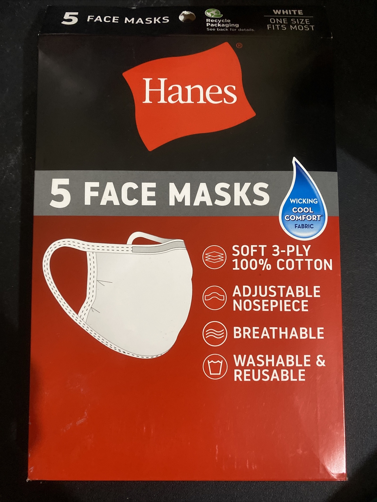 Hanes Face Masks White Cotton Reusable Cover Face mask Cloth Facemask 5 Pack