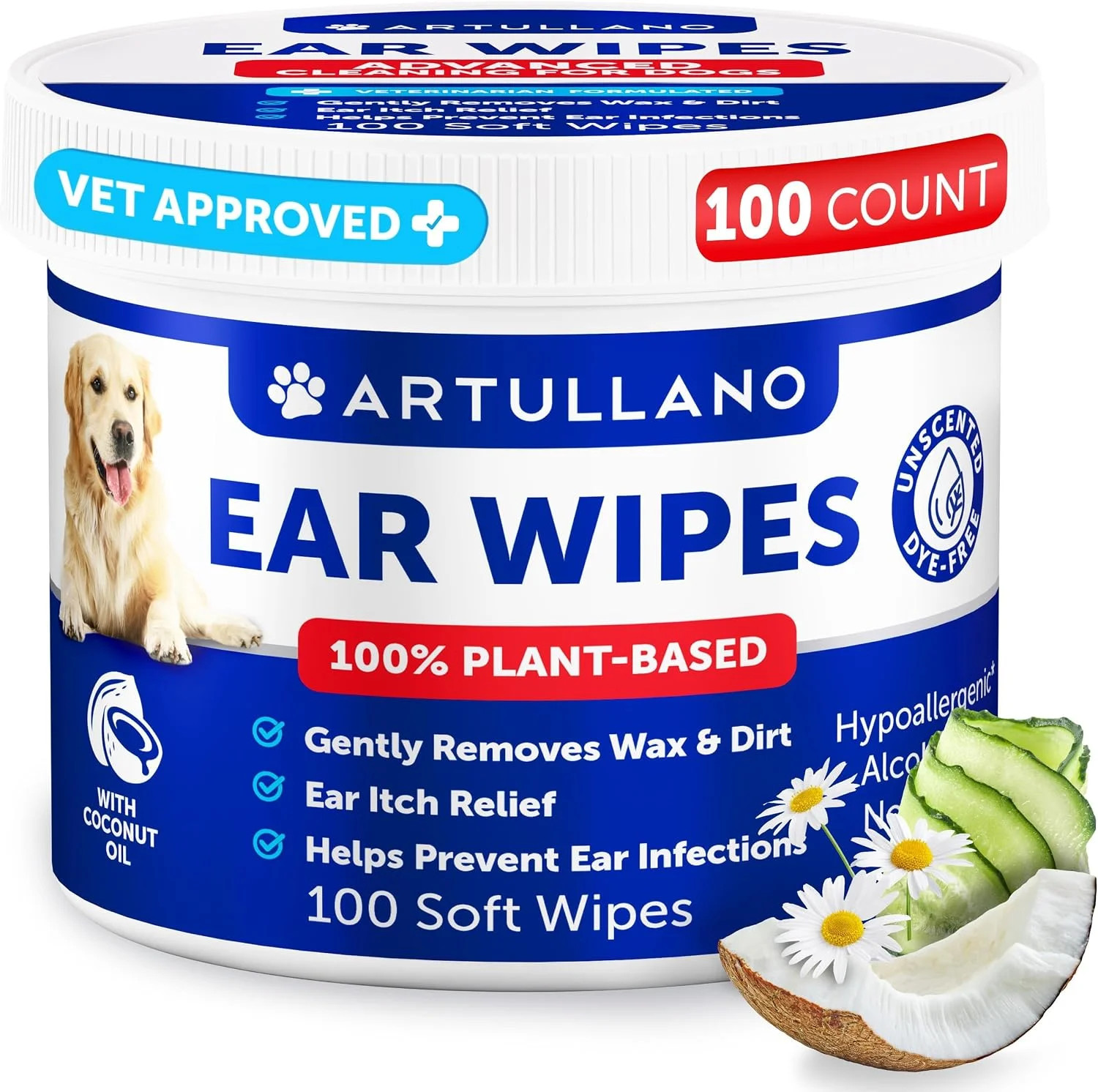 Dog Ear Wipes 100 ct – Removes Wax and Dirt – Soothing Ear Cleaner Wipes for D