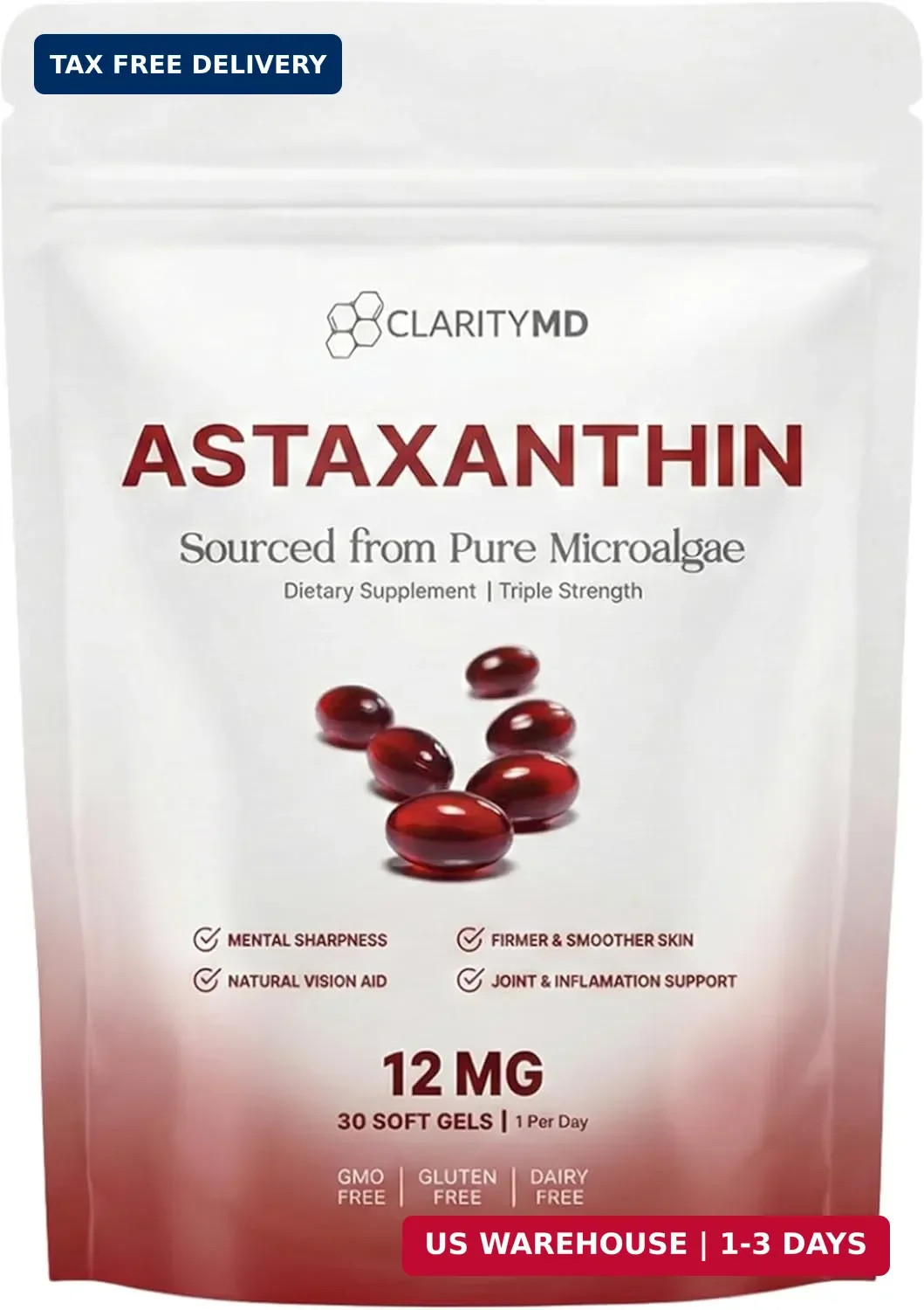 Astaxanthin 12mg Antioxidants Supplement – Natural Microalgae Source – Lipid-Bas