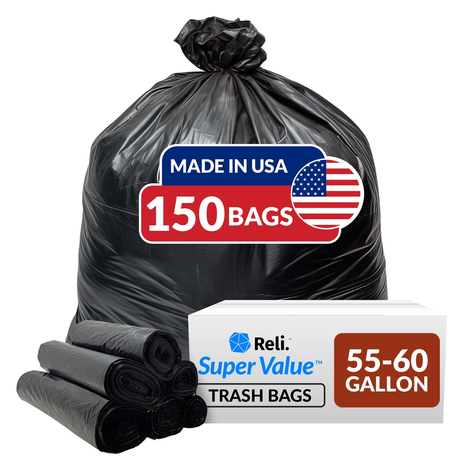 Trash Bags 55-60 Gallon 150 Count Heavy Duty Black Garbage Reli. 50-60