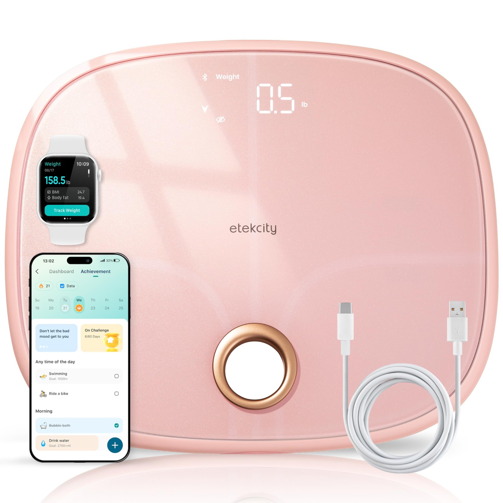 Smart Scale Rechargeable Pink Bluetooth 13 Metrics Body Weight Etekcity Muscle