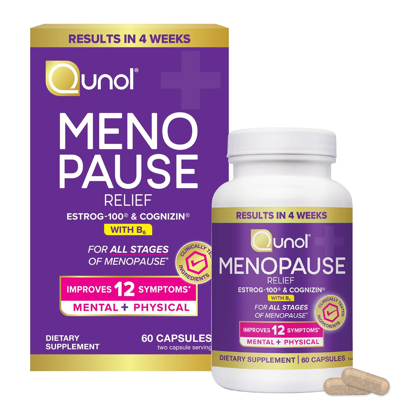 Menopause Relief Capsules 60 Count Hormone Free Hot Flashes Qunol Peri Post Mood