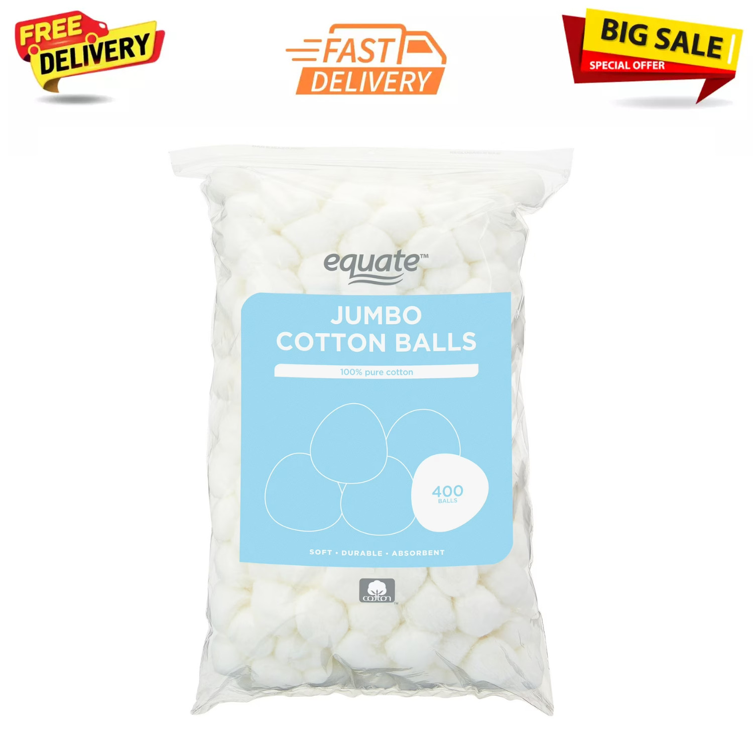 Equate Jumbo Cotton Balls, 100% Pure Cotton, Fragrance-Free, 400 Count