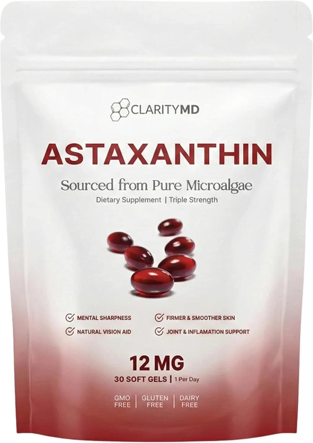 ClarityMD Astaxanthin 12mg Antioxidants Supplement – Natural Microalgae Source –