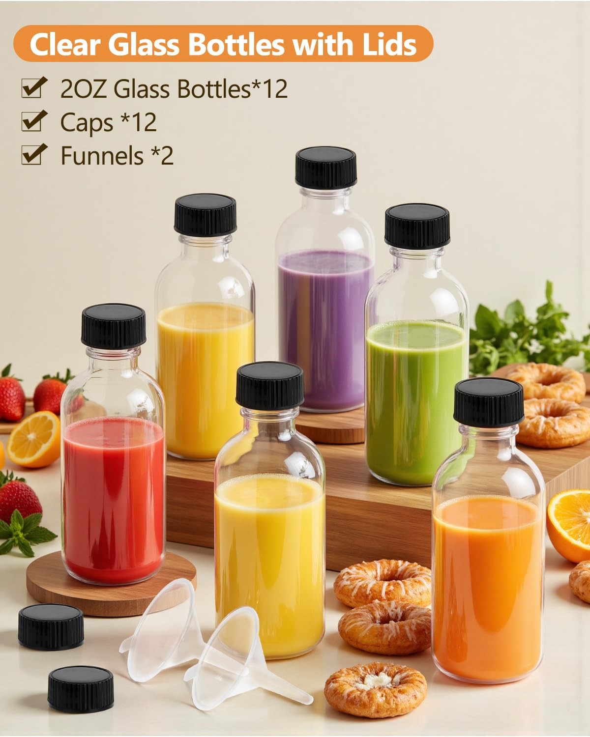 Rionisor 2OZ Small Glass Bottles with Lids and Funnels, 60ml Boston Round