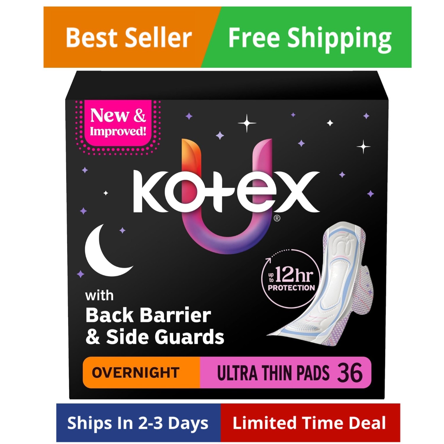Overnight Pads with Wings Extra Heavy Absorbency 36 Count Kotex Ultra Thin