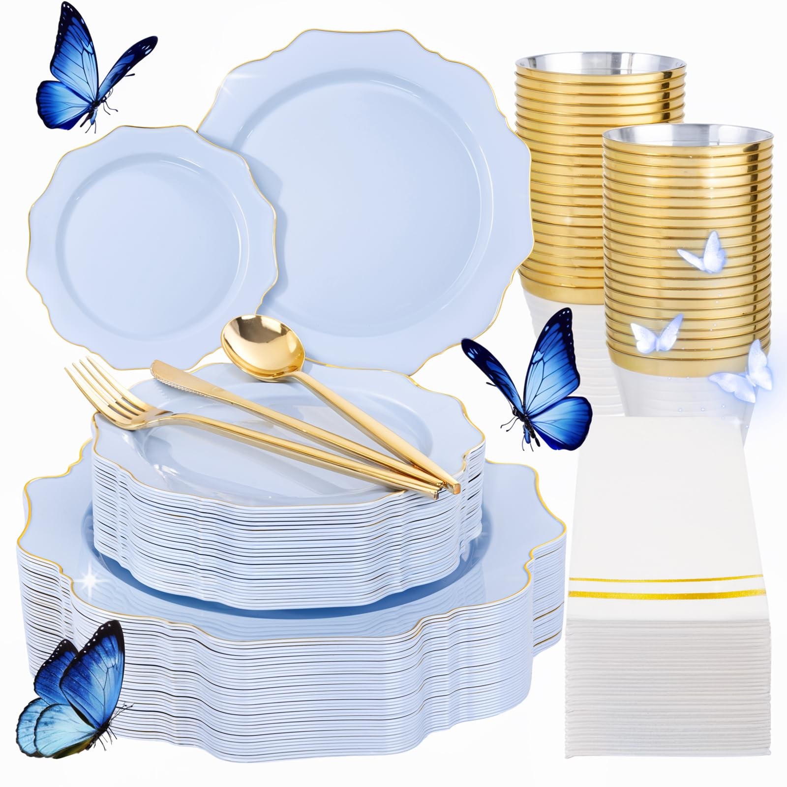 Disposable Plastic Plates 175Pcs 25G Blue Gold Heavy Duty EDC175 Baby 25Guests