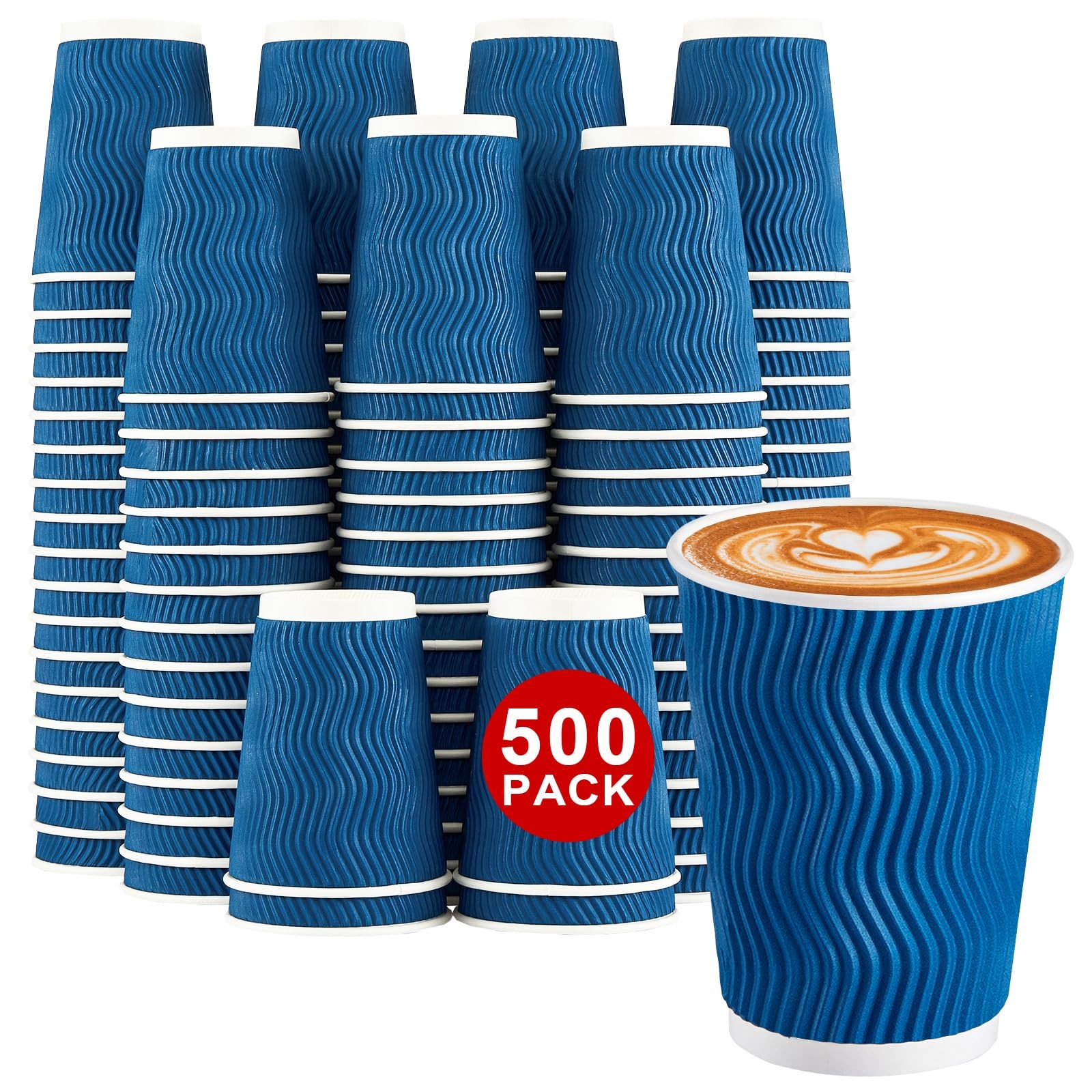 Insulated Paper Coffee Cups 12oz Ripple Wall Navy Lamosi 500-Count Bulk