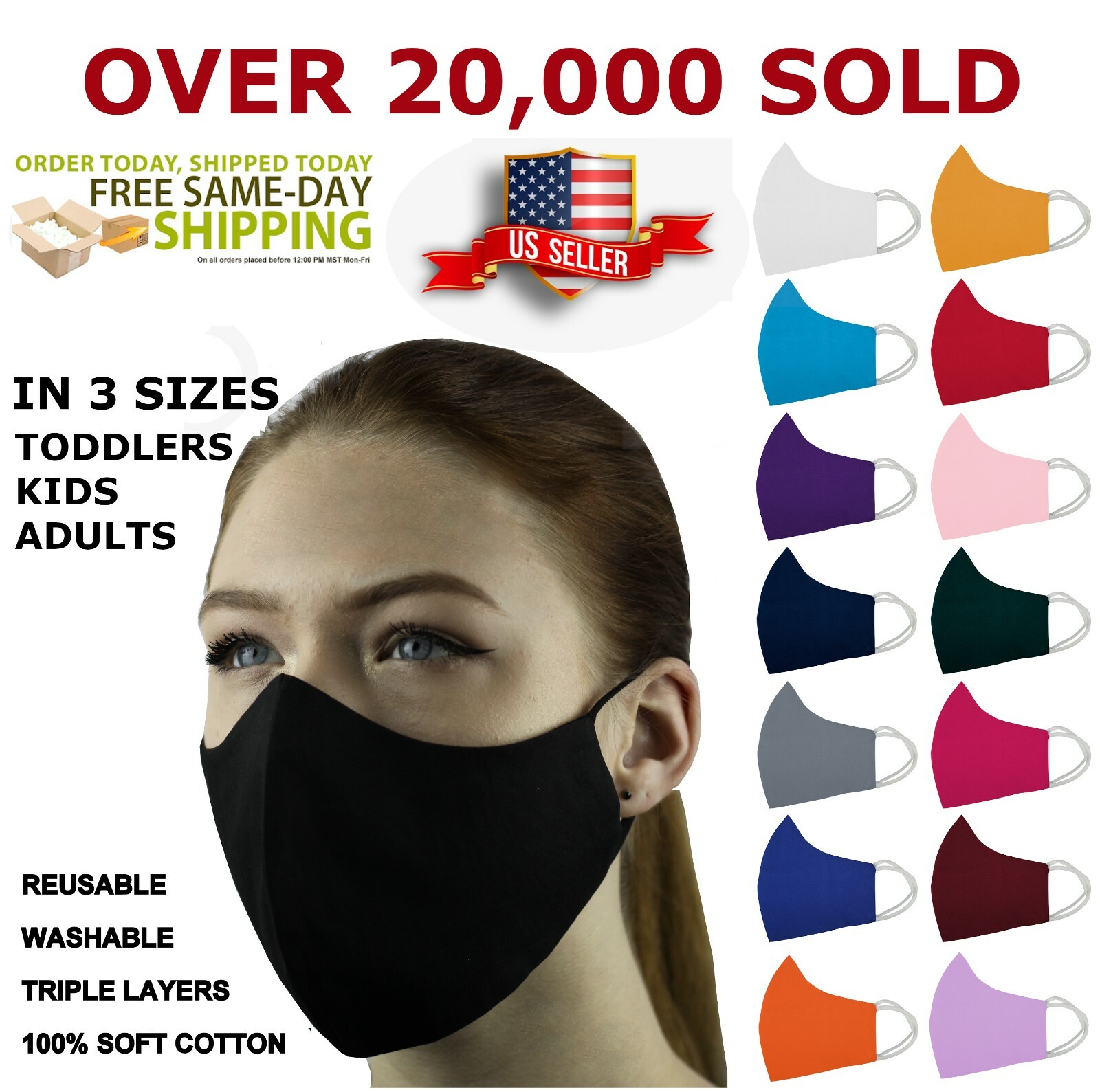 Face Mask ADULT and KIDS Triple Layers 100% Cotton Washable Reusable With Pocket