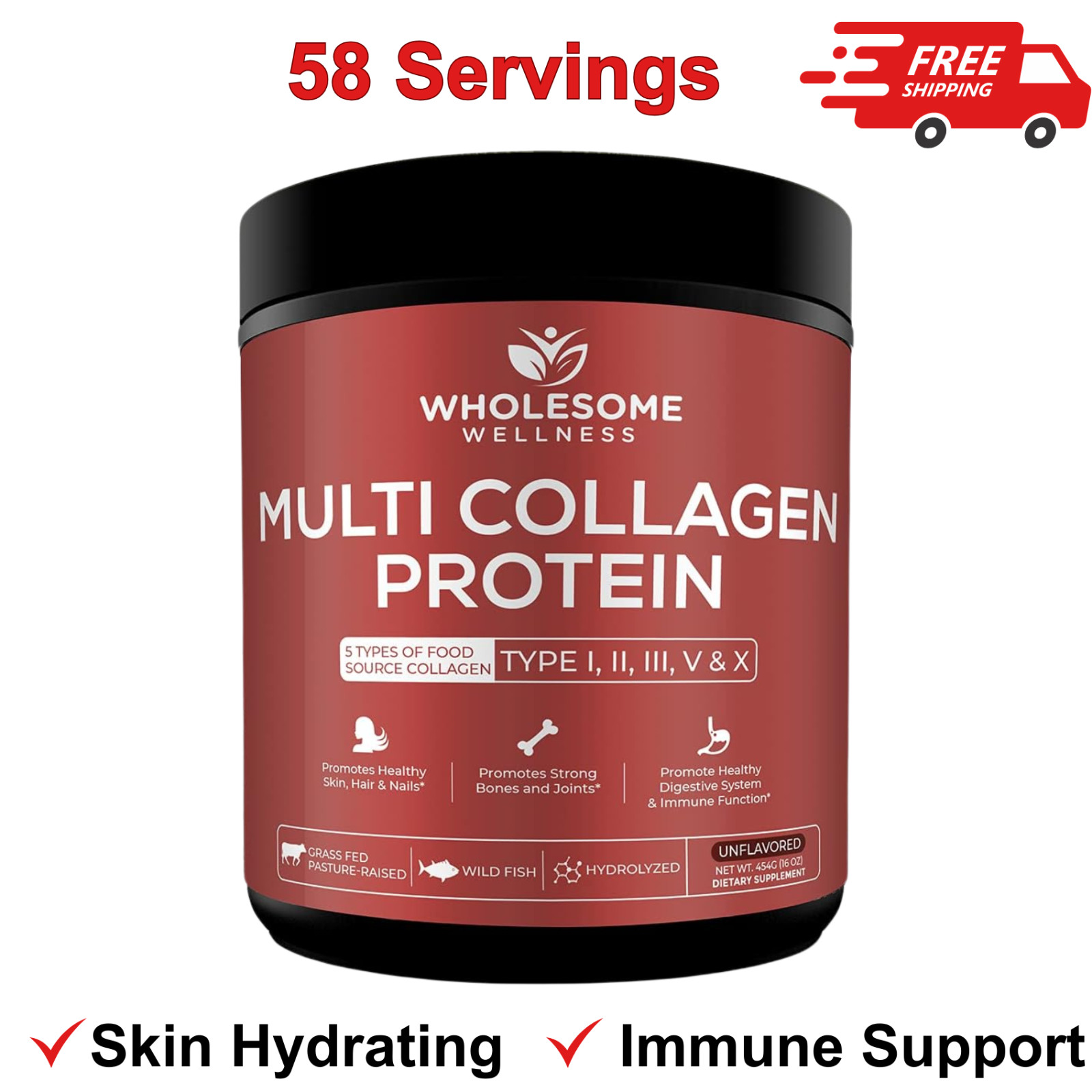Multi Collagen Protein Powder Hydrolyzed (Type I II III V X) Grass-Fed 16.0 oz