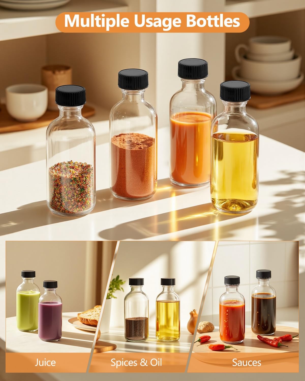 Rionisor 2OZ Small Glass Bottles with Lids and Funnels, 60ml Boston Round
