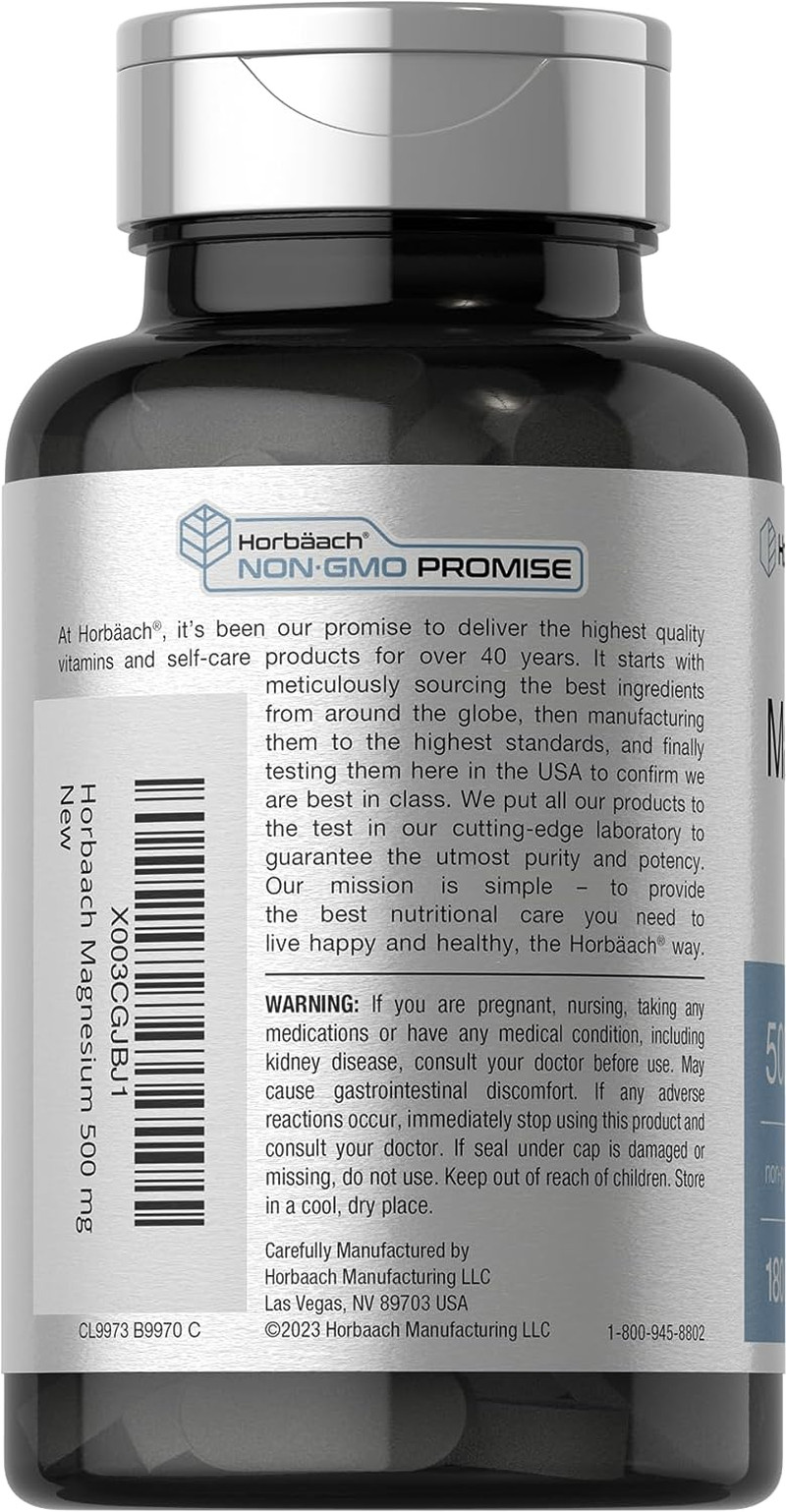 Magnesio 500 mg 180 tabletas suplemento mineral vegetariano sin GMO ni gluten