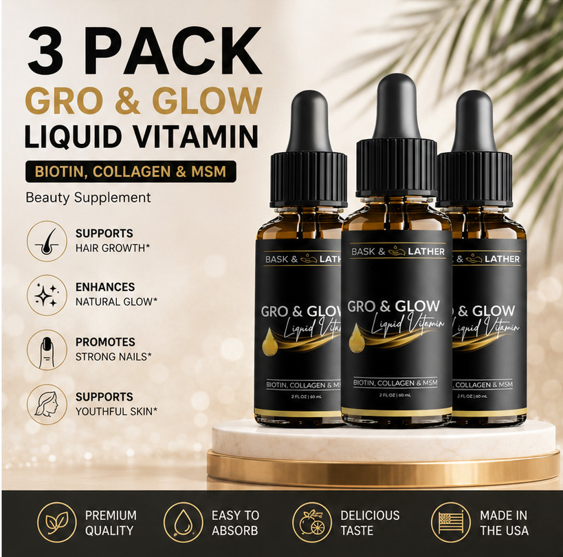 3 Pack Collagen Biotin MSM Liquid Beauty Supplement, 2 Fl Oz BASK LATHER Glow