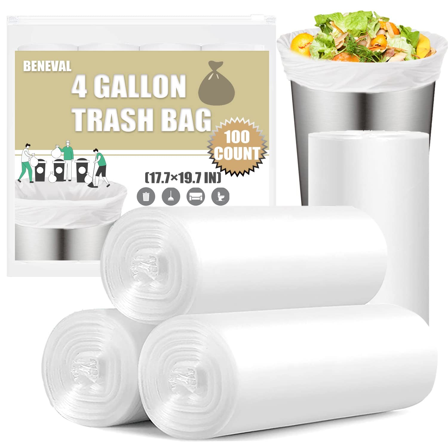 Small Trash Bags 4 Gallon – 100 Count 4 25 (Pack of 4), White
