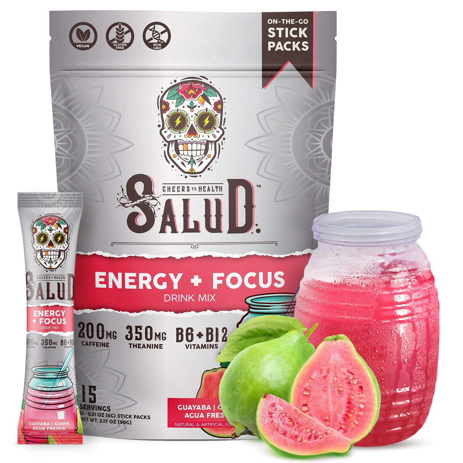 Energy Drink Powder 2-in-1 Focus Guava Organic Caffeine B6 B12 Salud Agua