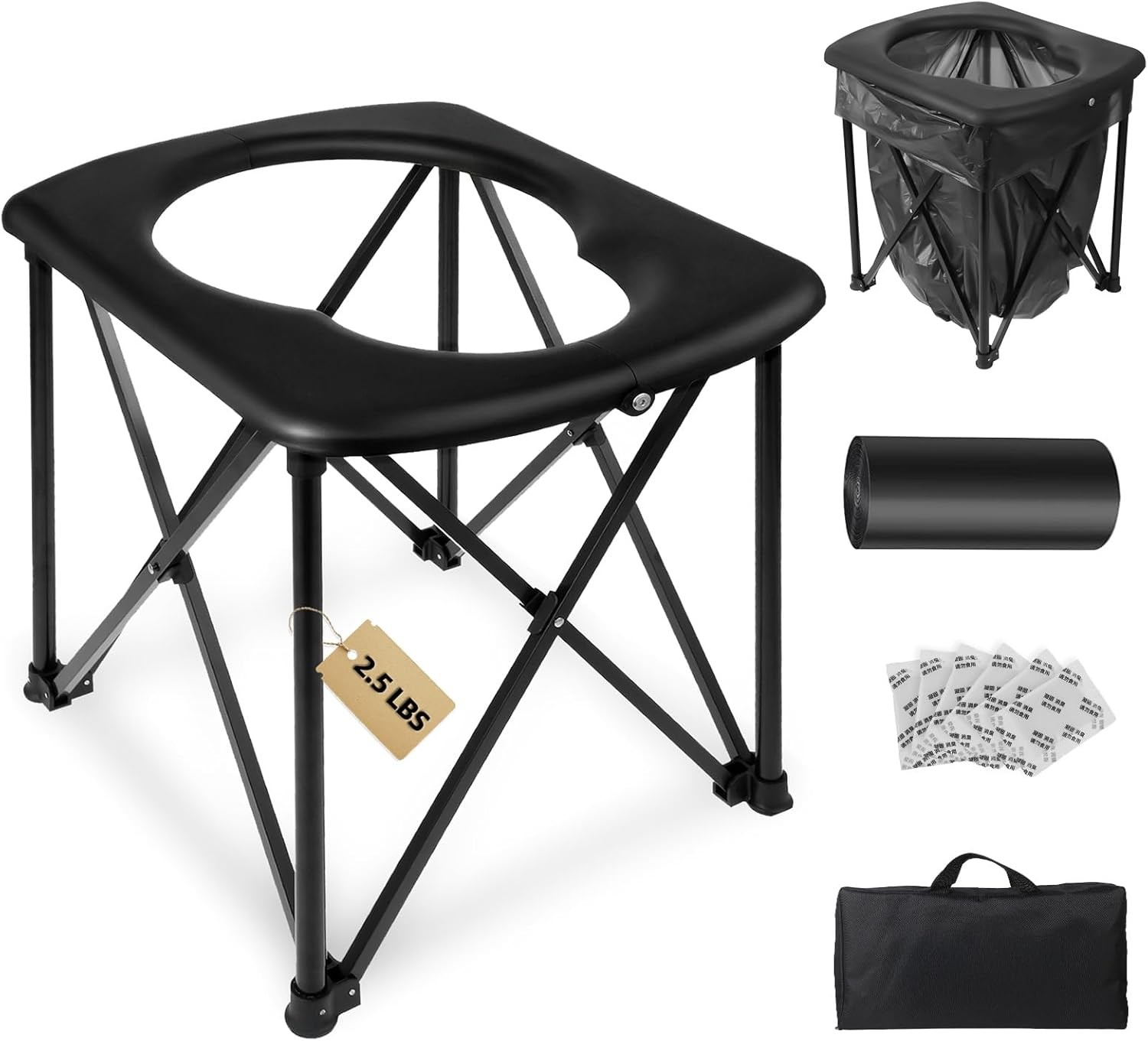 15.6» Portable Toilet for Camping, Ultralight Foldable Camping XL, Black