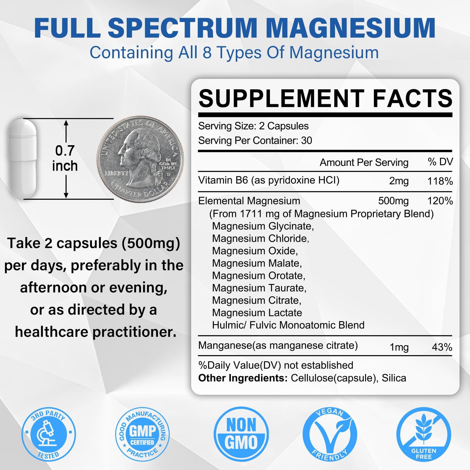 Magnesium Complex Supplement 500mg 60 Count Pack of 2 White Forms Glycinate High