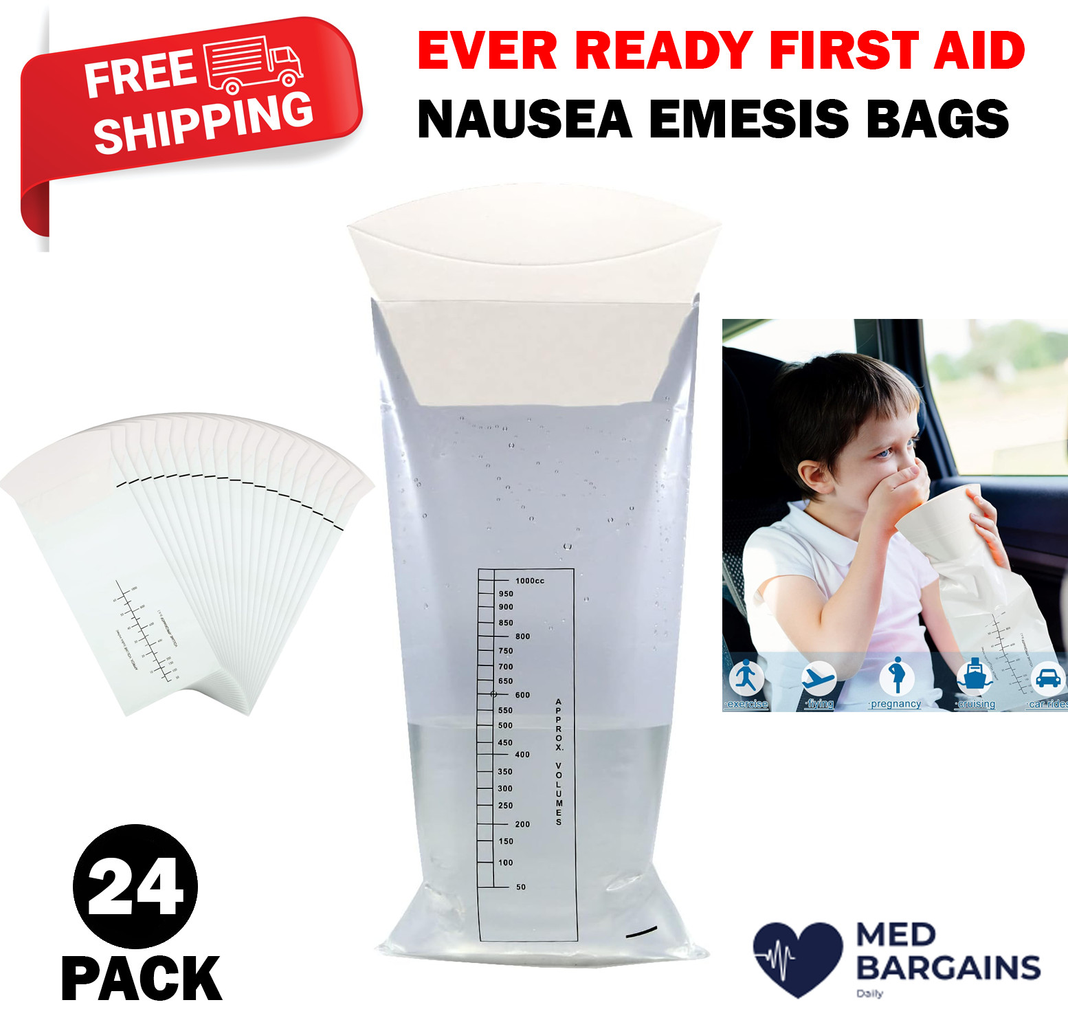 Nausea Vomit Bags for Motion Car & Travel Sickness and Pregnancy – 24 Pack