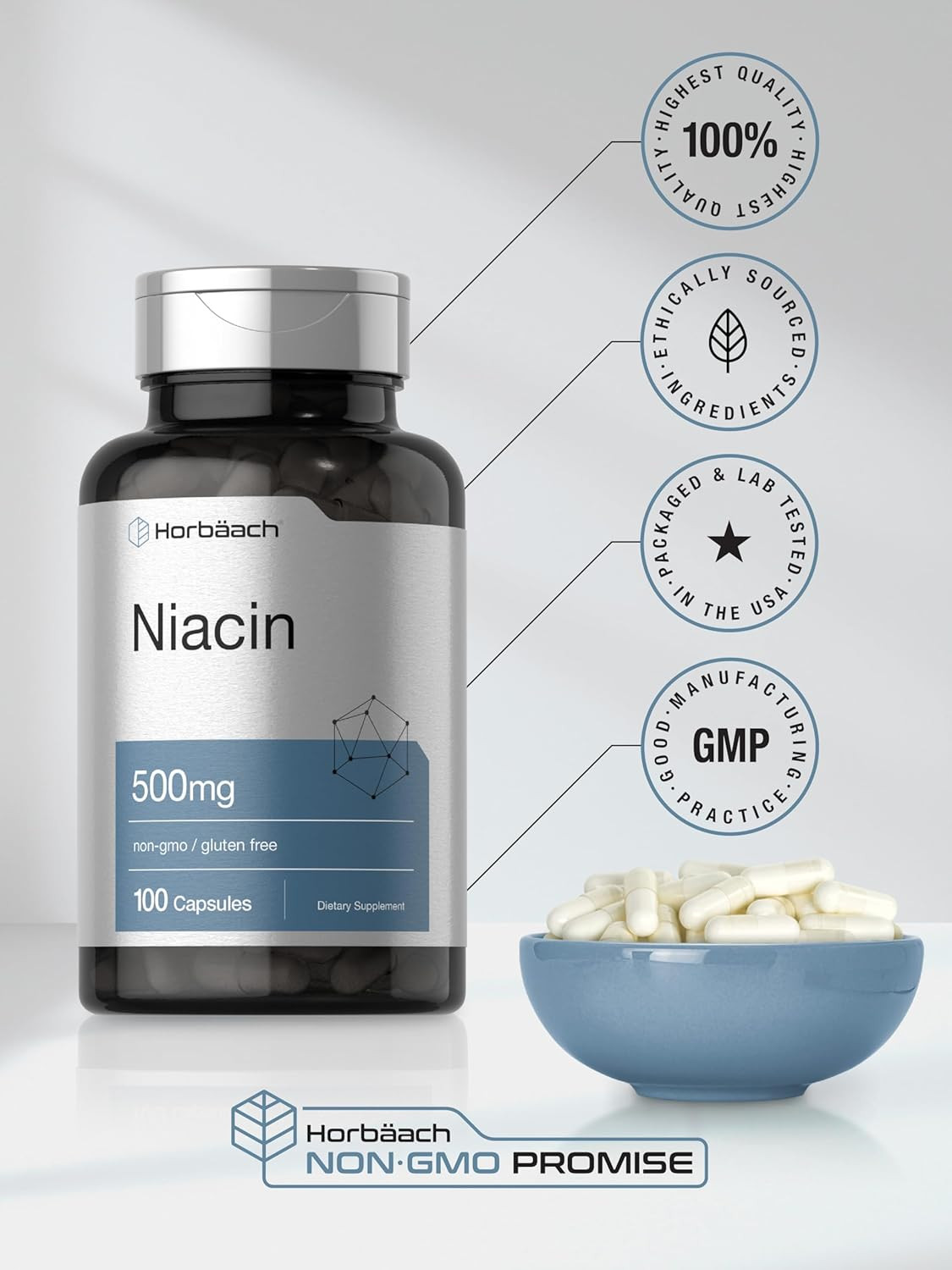Niacina vitamina B3 500 mg 100 cápsulas con efecto rubor suplemento