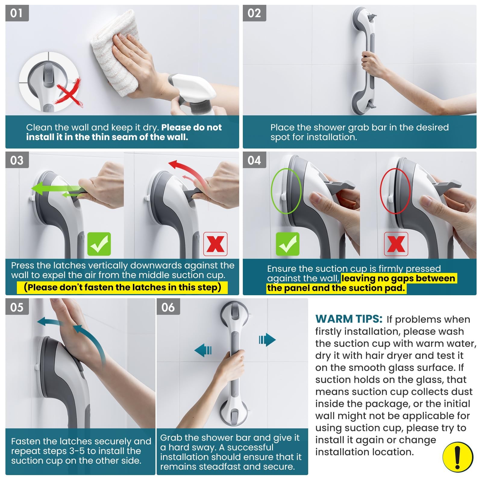 Shower Grab Bar 16 Inch Suction Cup Heavy Duty Waterproof Grey AW678 TAILI Bars