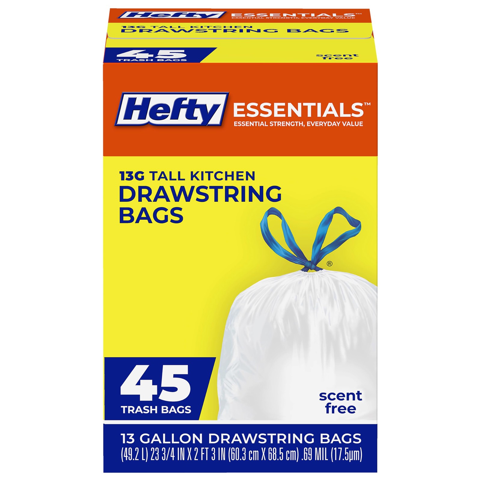 Hefty Essentials Drawstring 13 Gallon Kitchen 1 Count (Pack of 45), White