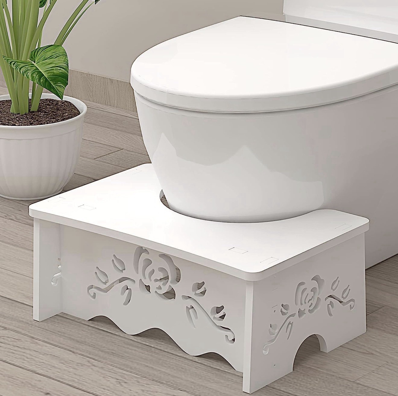 Fanwer White Toilet Stool Wood Plastic Composite, Carved Hollow, Easy Clean