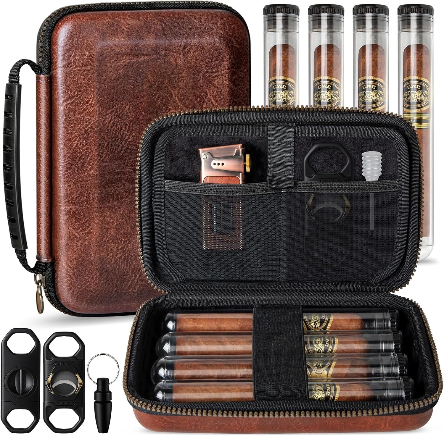 Portable Cigar Humidor Case Leather Brown w 4 Tubes Cutters AWOTE Travel Include