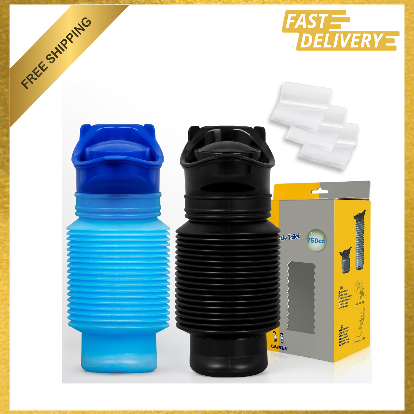Portable Urinal, Reusable Leakproof 750ml with Disposable Bags, Foldable Travel