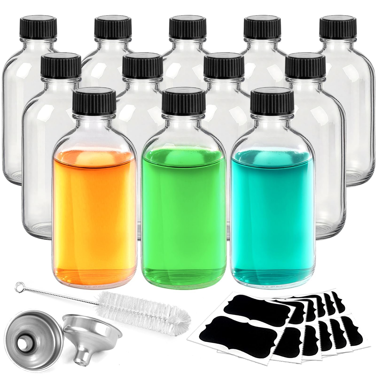 12 Pack 2 oz Glass Bottles with Lids & 2 Funnels Shot Jar Small Containers Spice