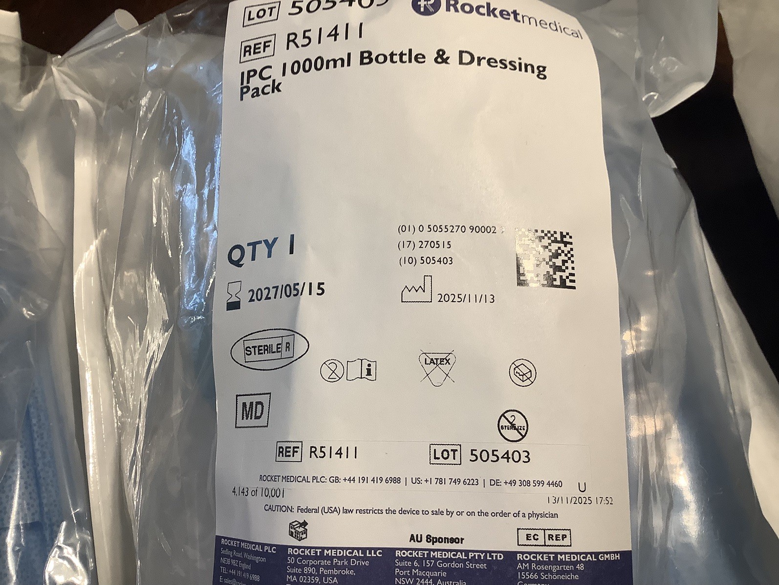 (3) Rocket Medical R51411 IPC 1000ml Drainage Bottle And Dressing Pack Exp 05/27