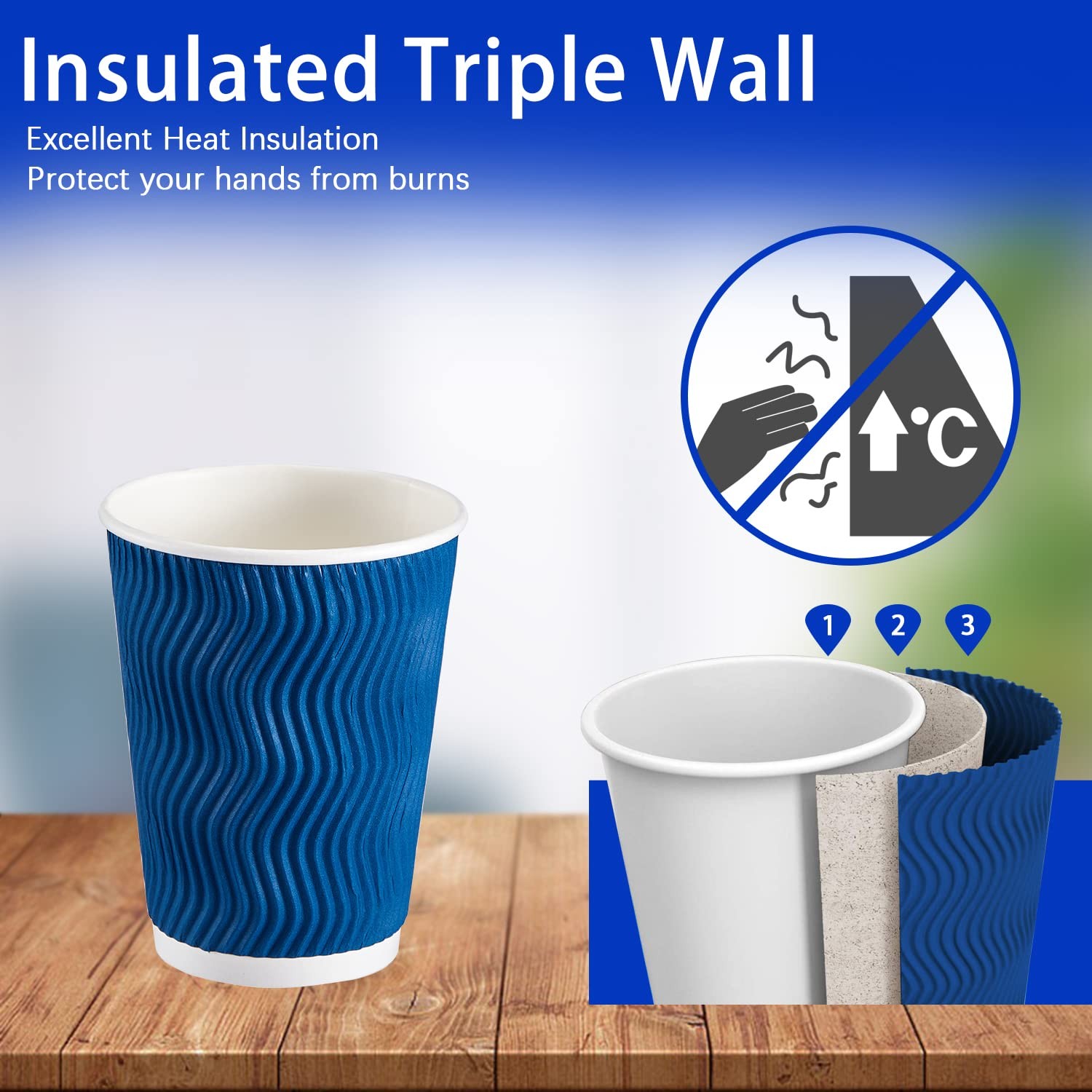 Insulated Paper Coffee Cups 12oz Ripple Wall Navy Lamosi 500-Count Bulk