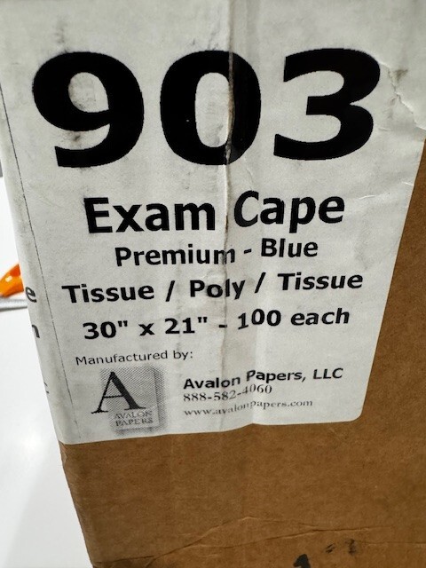 AVALON PATIENT MEDICAL EXAM CAPES- BOX OF 100 – BLUE-30IN. X 21. IN. – NEW