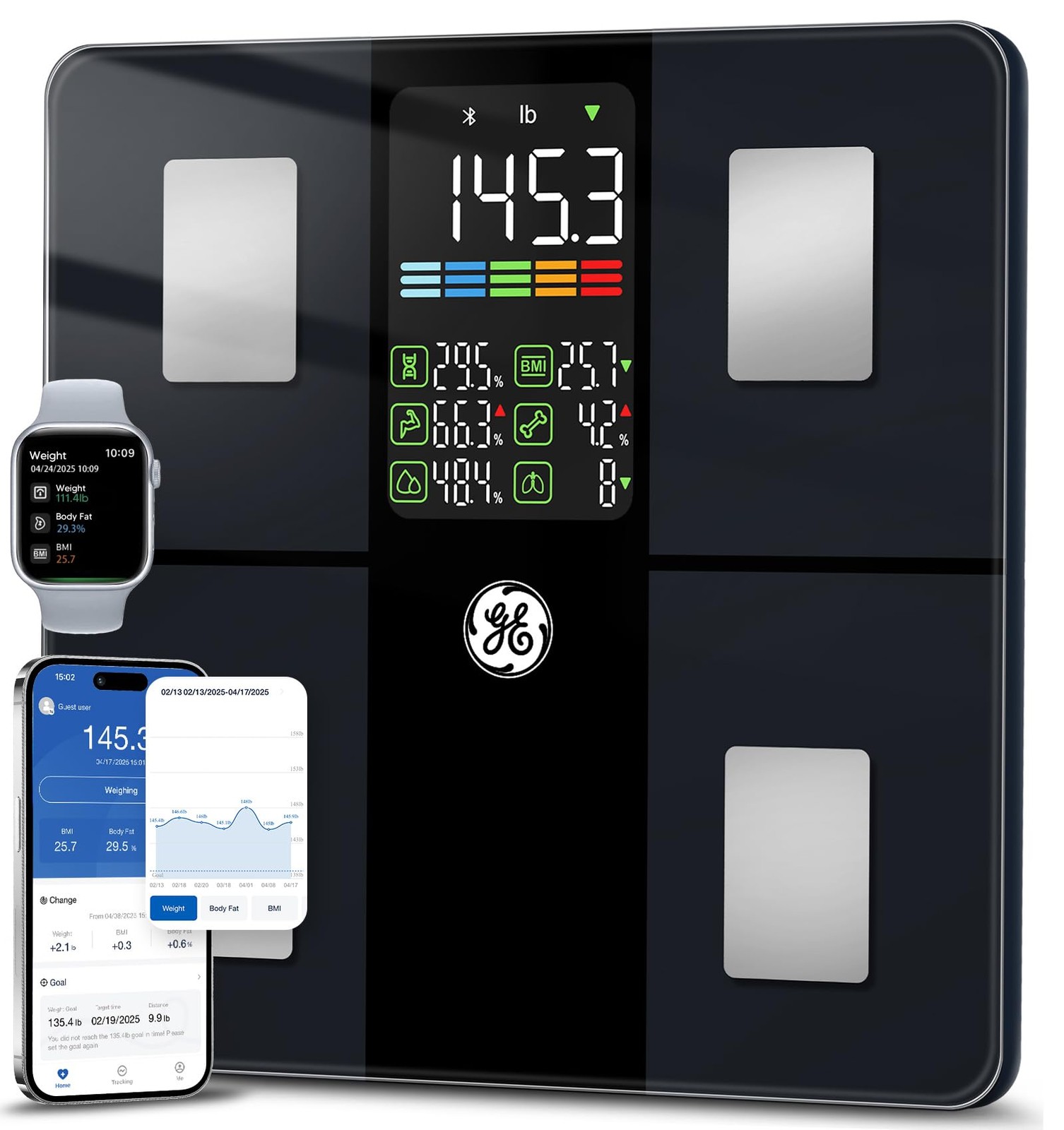 Smart Scale Body Weight BMI Muscle Mass 400lb Bluetooth Black GE CS20F Bathroom