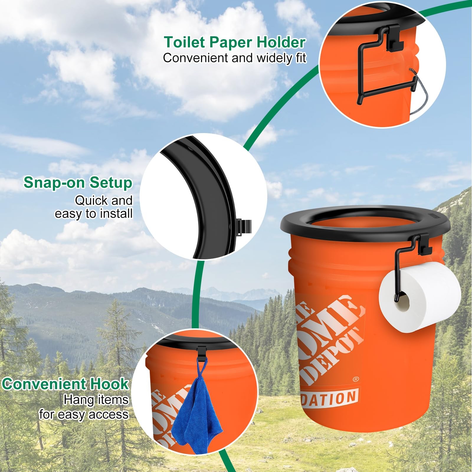 Bucket Toilet Seat, Portable Seat for 5 Gal Buckets, Universal, Black