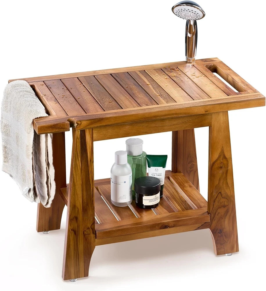 Shower Bench 22 W 400Lb Capacity Teak Wood Handle Bathroom Stool SB01 Tinamo