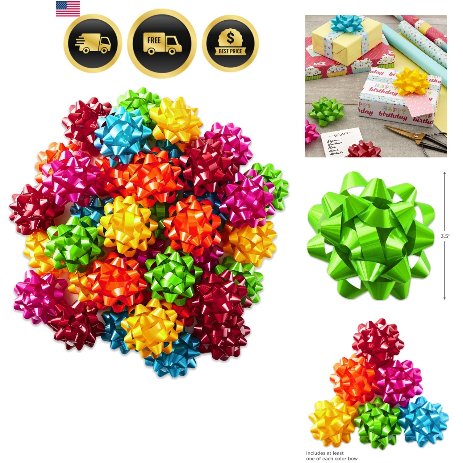 Bright Gift Bow Assortment 36 Bows Red, Pink, Orange, Green, Teal, Yellow for…