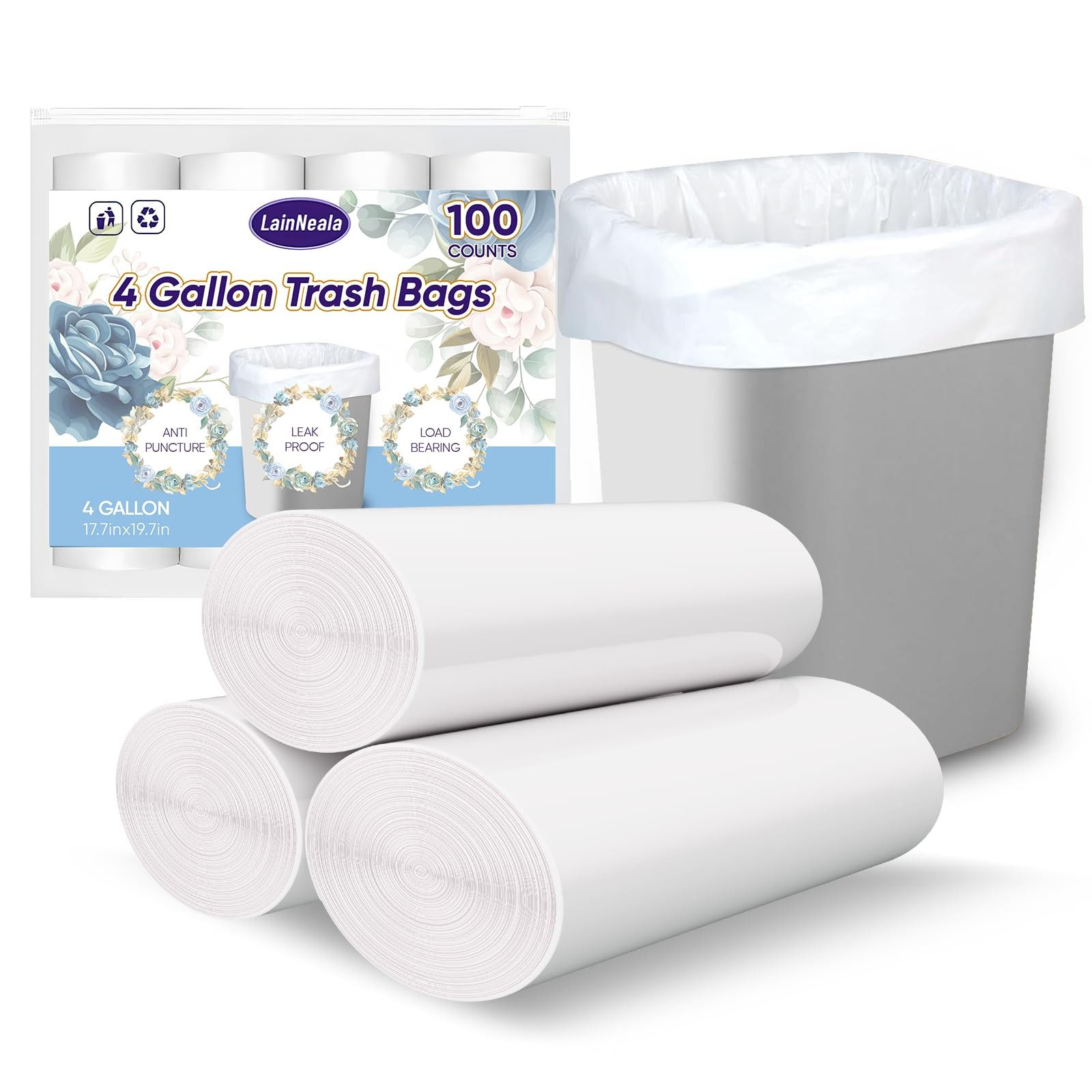 LainNeala Small Trash Bags 4 Gallon, 100 Count 1 (Pack of 100), White