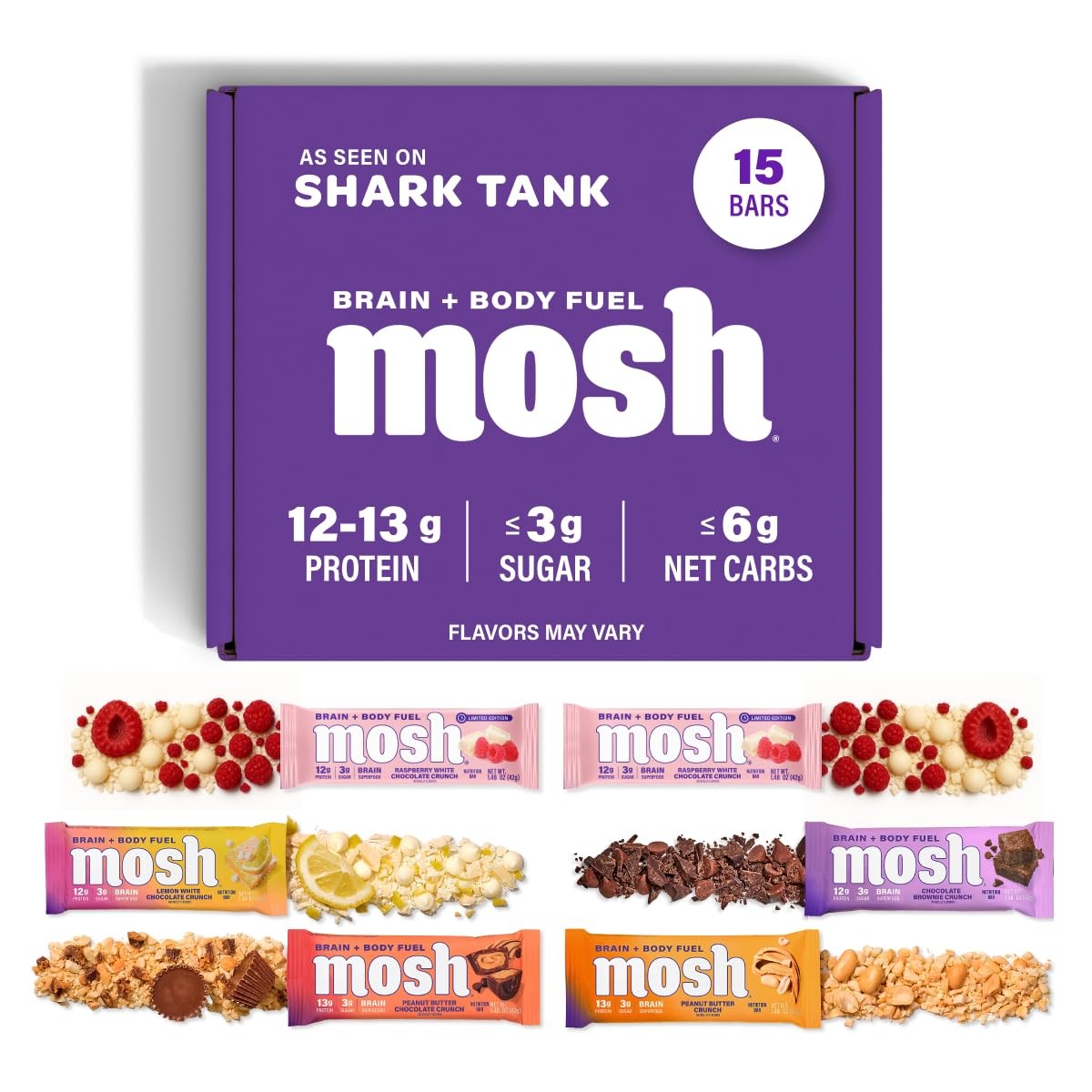 Protein Bars Keto Gluten Free Brain Health 15 Count 1.48 Oz MOSH Variety Pack