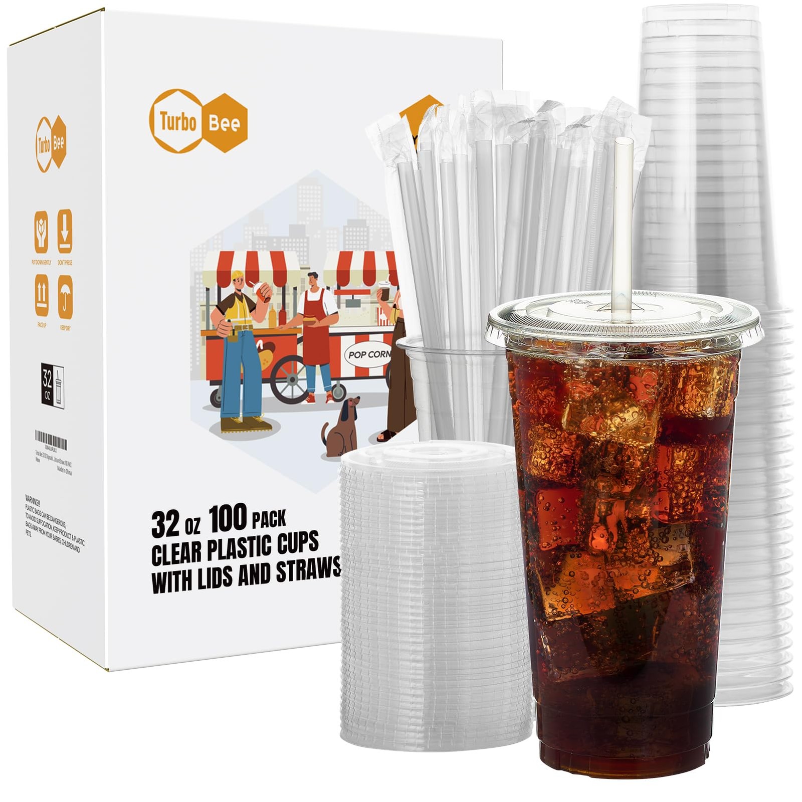 Plastic Cups 32 OZ Clear Lids Straws Disposable Turbo Bee Sets Iced