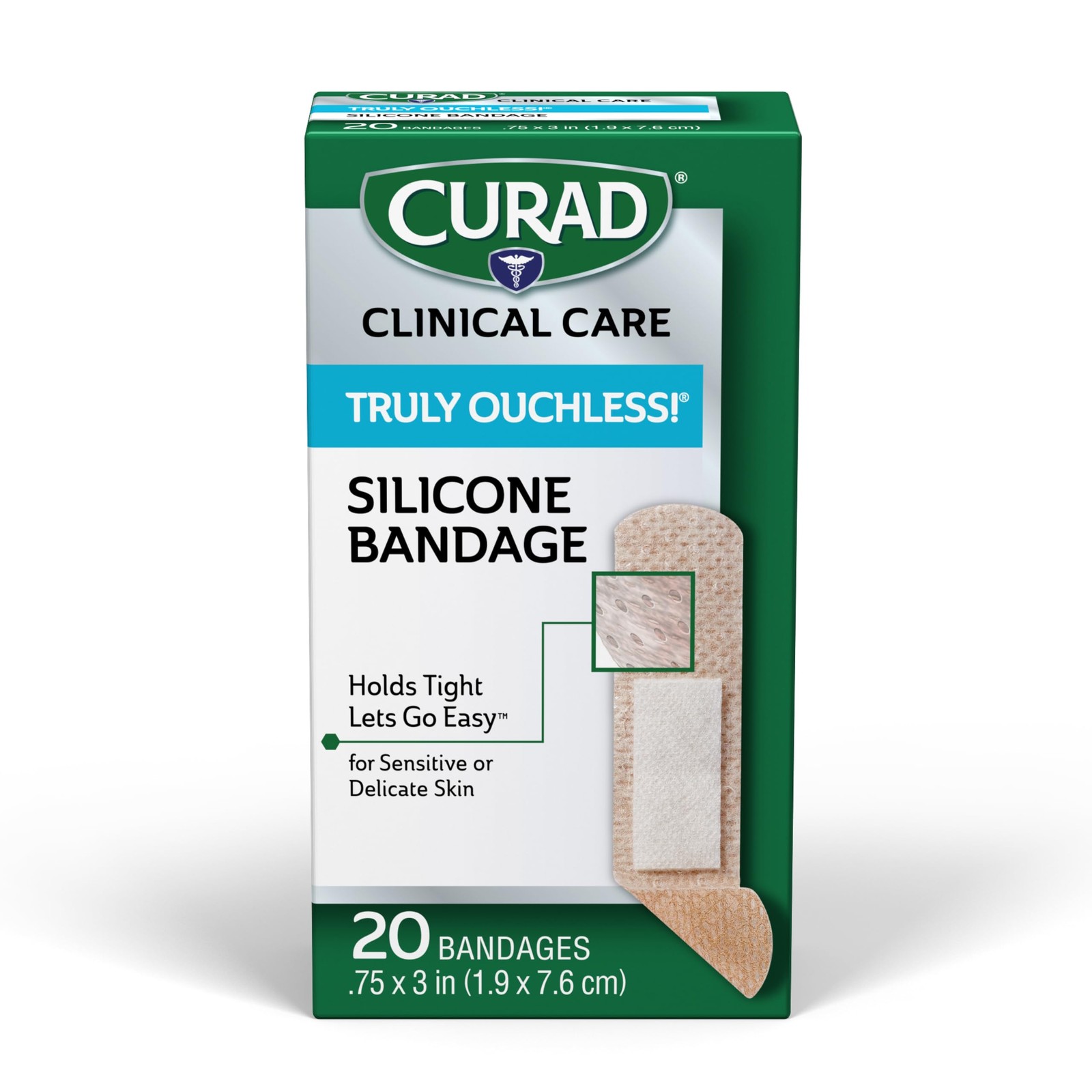 Silicone Bandages .75 x 3 Sensitive Skin 20 Count Tan CURAD Truly Ouchless Cuts