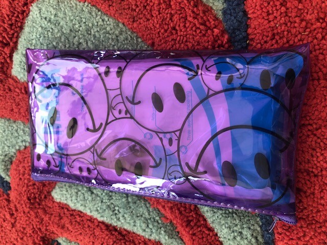 1 PK OF 10 NOSE/MOUTH STERILED COVERS PURPLE SMILEY ZIPPER POUCH FREE SHIP USA