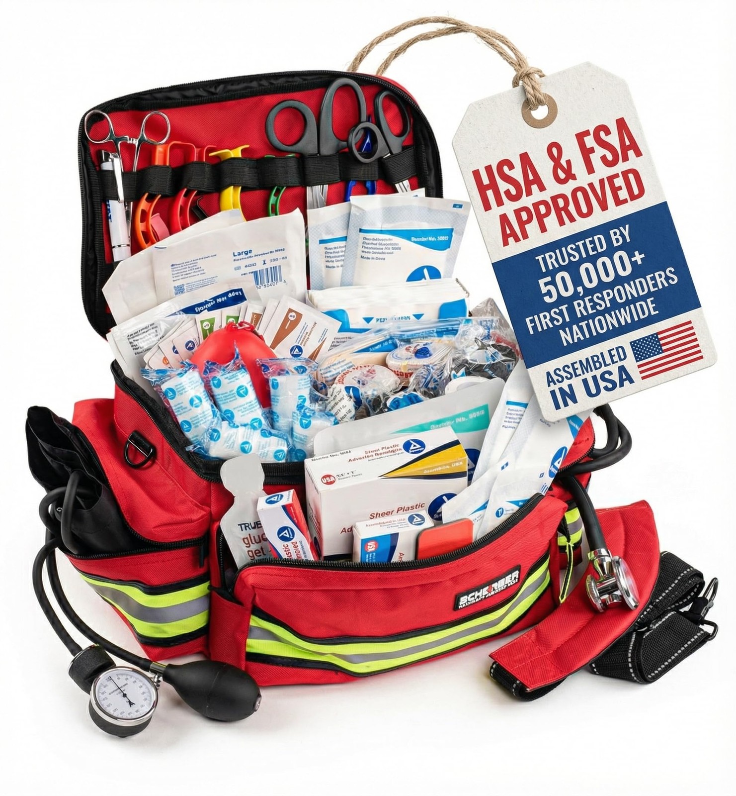 First Aid Trauma Kit 200+ Supplies Reflective Bag EMT Red Scherber Responder
