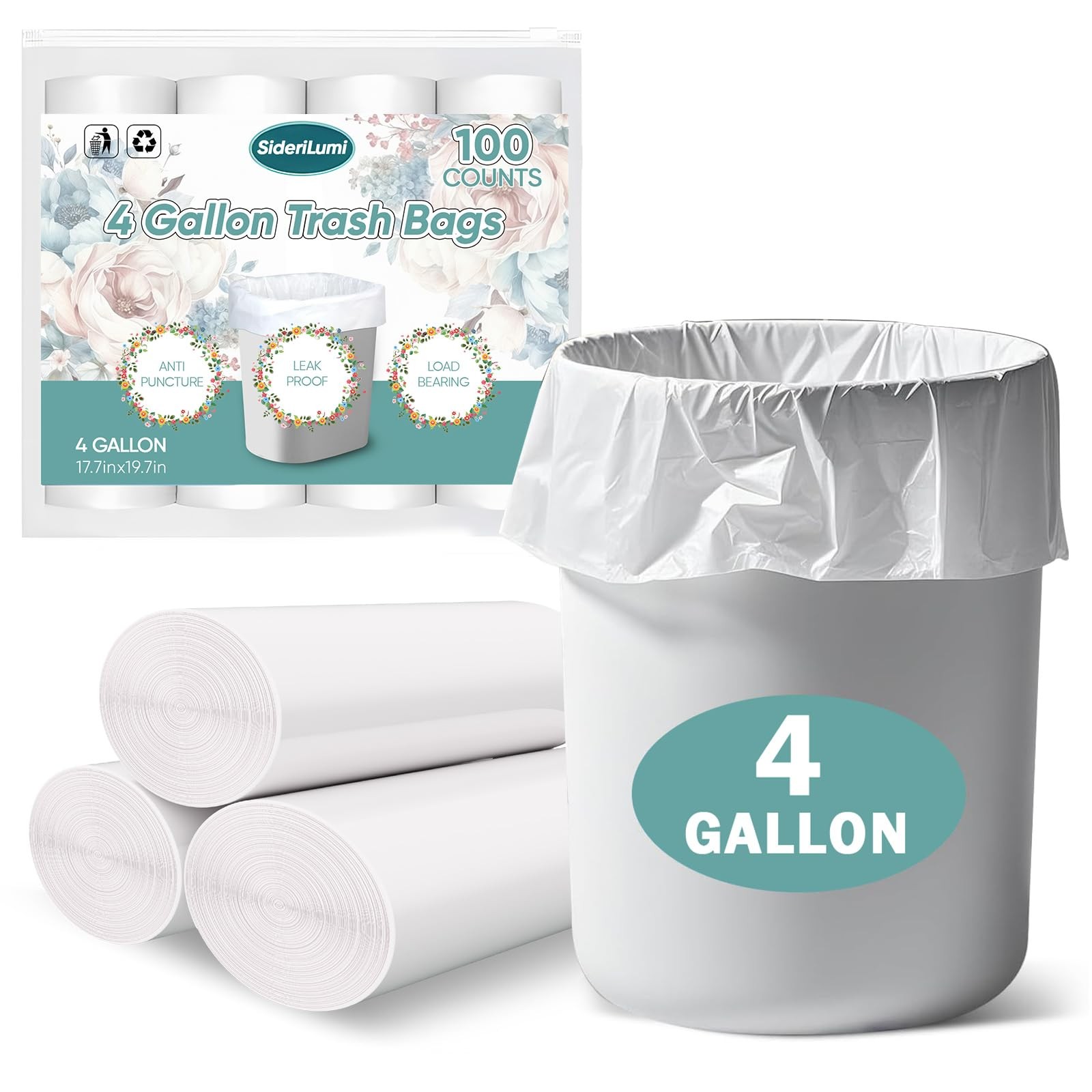 SideriLumi Small Trash Bags 4 Gallon – 100 Count 1 (Pack of 100), White