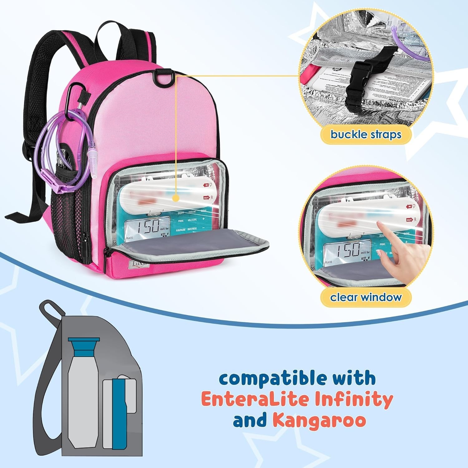 Lightweight Red Rose Backpack for Feeding Tube & Pump – Kid-Friendly Design