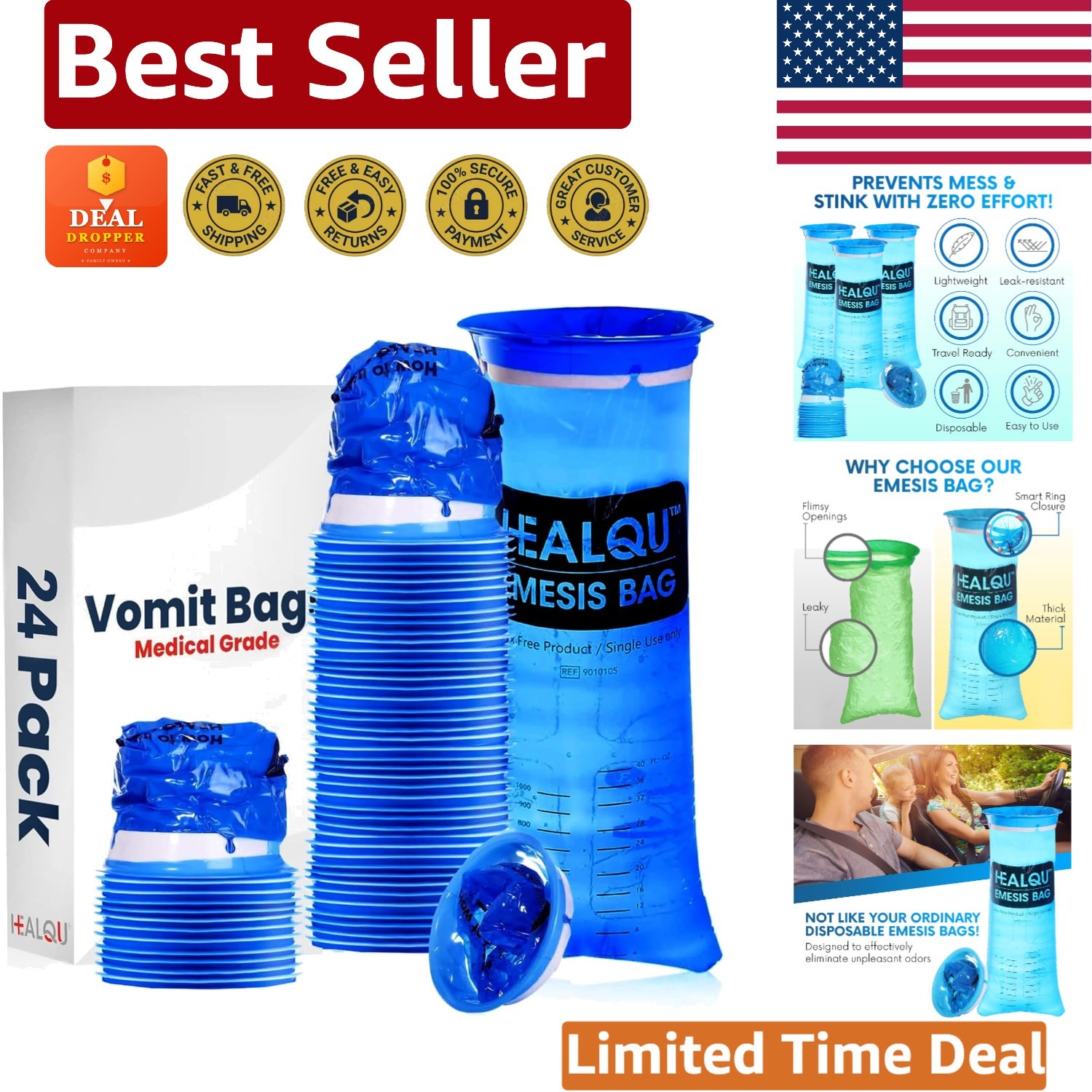 Blue Leak-Resistant Puke Bags – 24 Count for Airsick Travellers and Emergencies