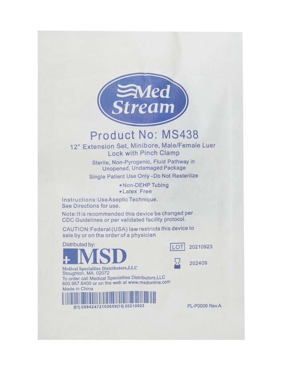 Med Stream 12″ Extension Set, Minibore, Male/Female Luer Lock with Pinch Clamp